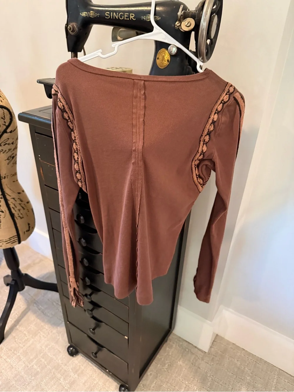 Free People Brown Embellished Long Sleeve Crewneck Top